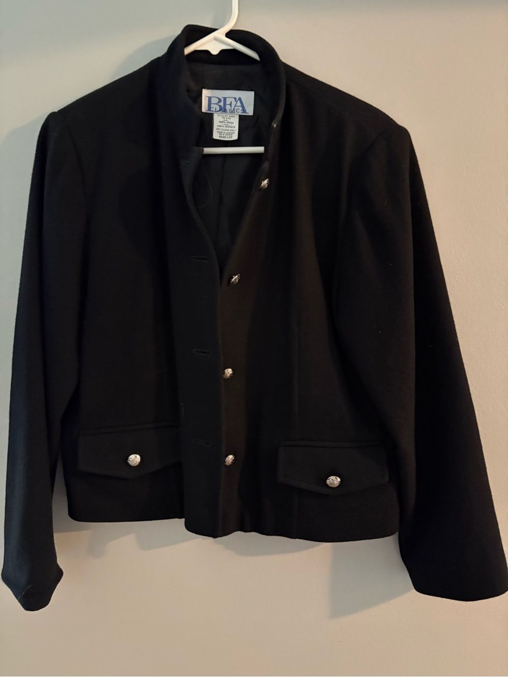 BFA Black Women's Wool Button Front Jacket. Size 12 P.